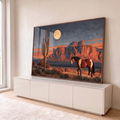 Quadro Decorativo Cavalo no Deserto com Cacto e Lua Cheia | quadros decorativos para sala | cavalo pampa caminhando em deserto com cacto saguaro e lua cheia ao entardecer | em Quadros para Sala | Porao dos Quadros