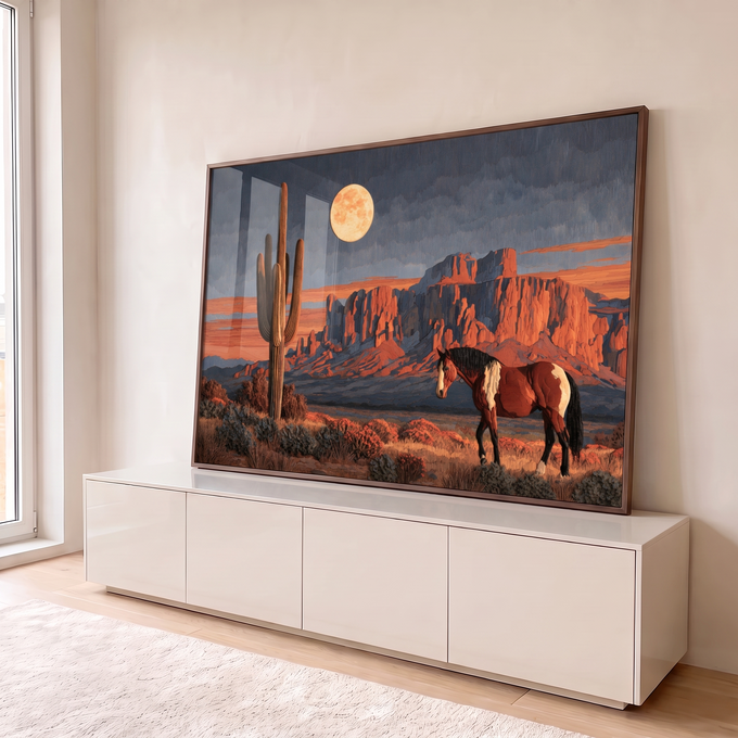 Quadro Decorativo Cavalo no Deserto com Cacto e Lua Cheia | quadros decorativos para sala | cavalo pampa caminhando em deserto com cacto saguaro e lua cheia ao entardecer | em Quadros para Sala | Porao dos Quadros