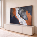 Quadro Decorativo Grande Abstrato em Branco para Sala | quadros decorativos para sala | composição abstrata com blocos de laranja, branco e cinza riscado de linhas finas | em Quadros para Sala | Porao dos Quadros