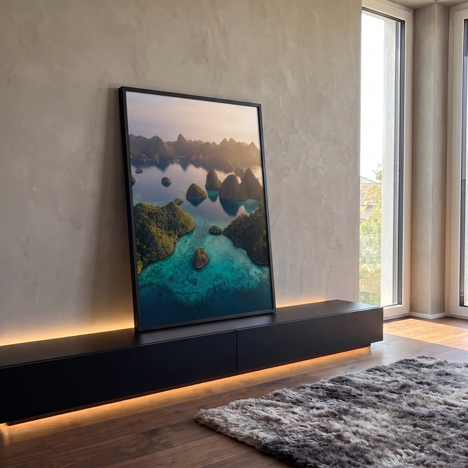 Vista aérea de ilhas verdes em mar turquesa com luz dourada do amanhecer, quadro decorativo