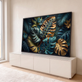 Folhas de costela de adão e palmeiras em azul petróleo e dourado sobre fundo escuro, quadro decorativo
