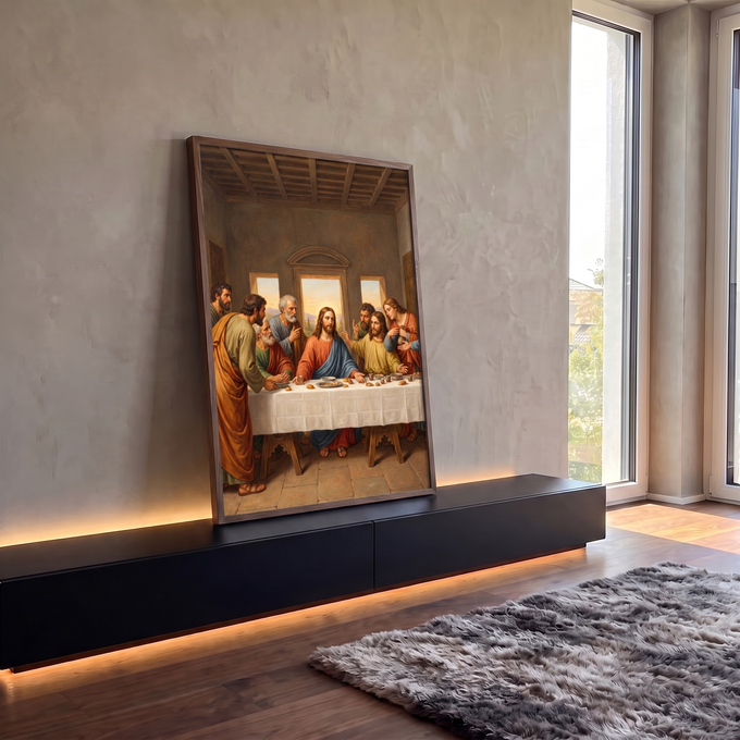 Quadro Decorativo Grande Santa Ceia Marrom para Sala | quadros decorativos para sala | Última Ceia com Jesus e apóstolos reunidos à mesa em tons terrosos e luz dourada | em Quadros para Sala | Porao dos Quadros