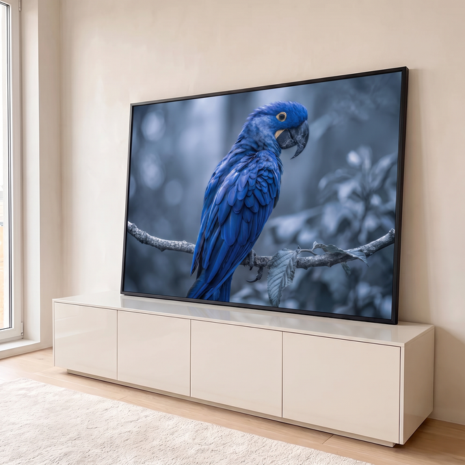 Quadro Decorativo Grande Arara em Galho para Sala Azul | quadros decorativos para sala | arara-jacinta azul de perfil em galho com fundo desfocado em tons frios | em Quadros para Sala | Porao dos Quadros