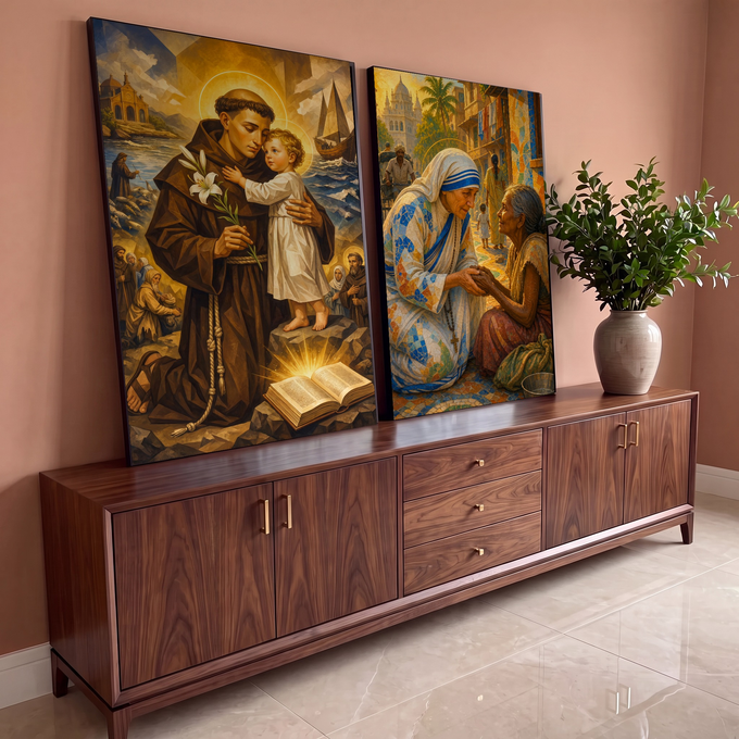 Quadro Decorativo Kit 2 Telas Santo Antônio para Sala Azul | quadros decorativos para sala | Santo Antônio com o Menino Jesus e Madre Teresa amparando uma idosa em rua colorida | em Quadros para Sala | Porao dos Quadros