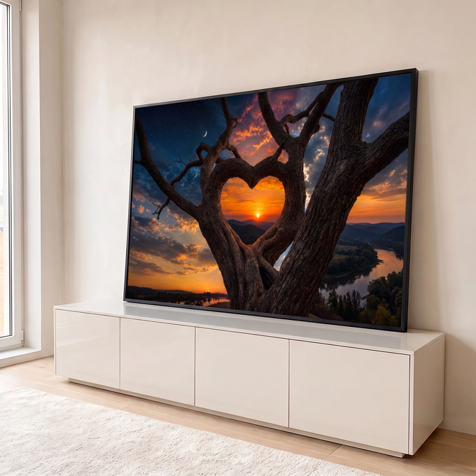 Árvore com galhos em forma de coração emoldurando pôr do sol sobre montanhas e rio, quadro decorativo