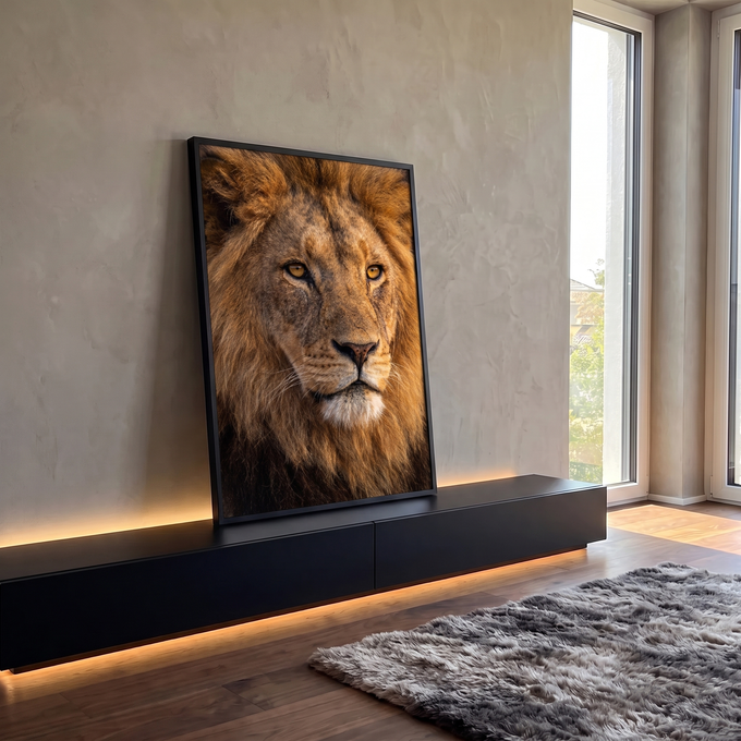 Close do rosto de leão com juba dourada e olhos âmbar em fotografia realista, quadro decorativo
