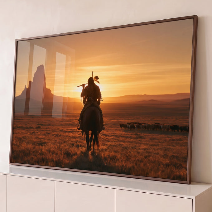 Quadro Decorativo Cavaleiro Indígena ao Pôr do Sol | quadros decorativos para sala | cavaleiro indígena de costas ao pôr do sol com rocha ao fundo | Porao dos Quadros