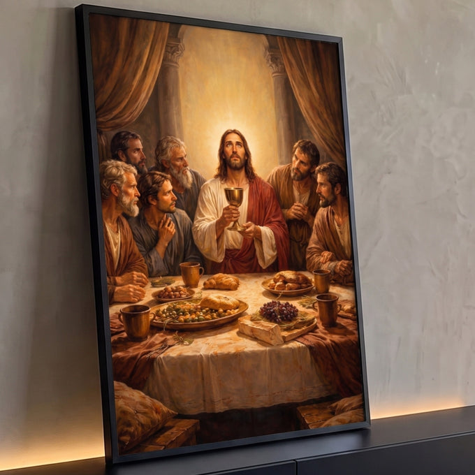 Quadro Decorativo Grande Última Ceia Dourado para Sala | quadros decorativos para sala | Jesus erguendo cálice dourado cercado por seis discípulos numa mesa com pão e uvas | Porao dos Quadros