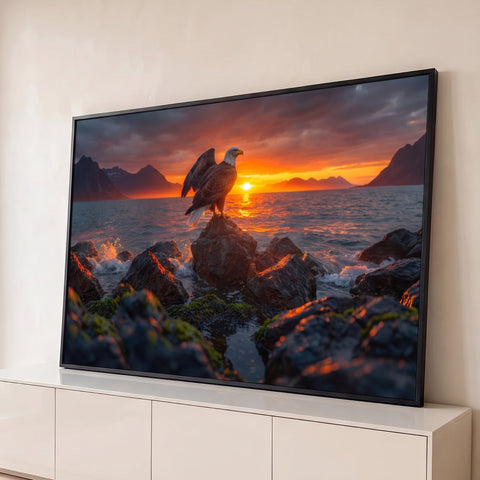 Águia-de-cabeça-branca de asas abertas sobre rocha no mar ao pôr do sol entre montanhas, quadro decorativo