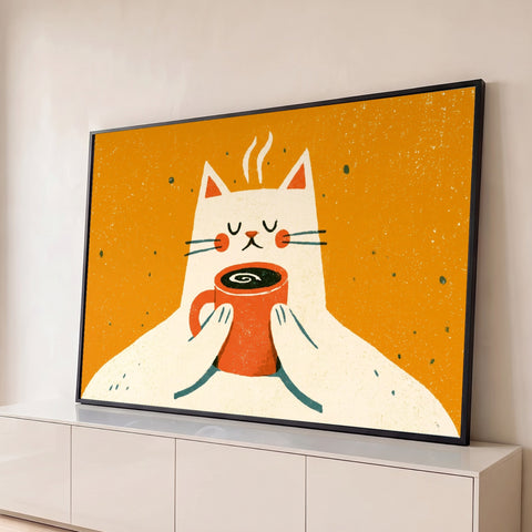 Gato branco de olhos fechados segurando caneca de café quente em fundo laranja, quadro decorativo
