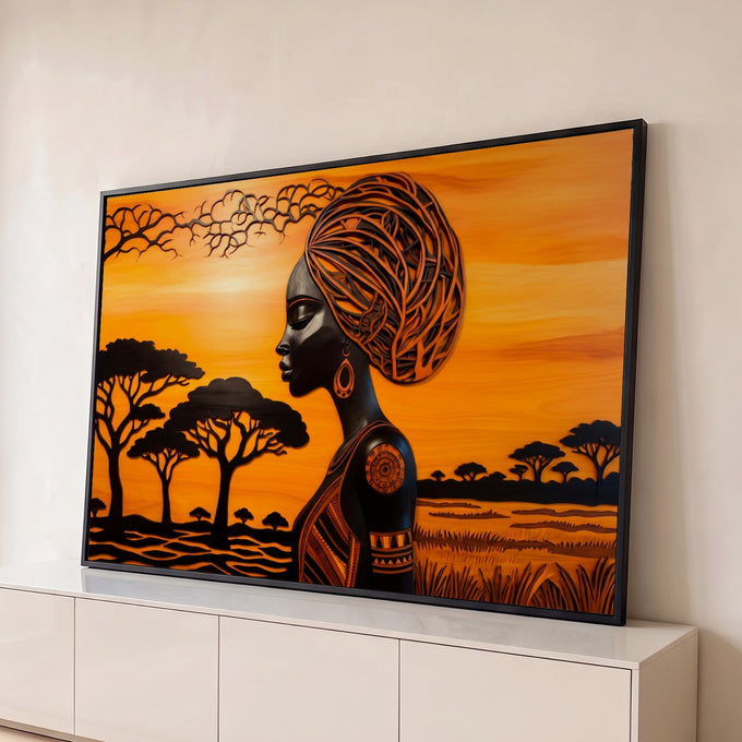 Mulher africana de perfil com turbante na savana com acácias ao pôr do sol laranja, quadro decorativo