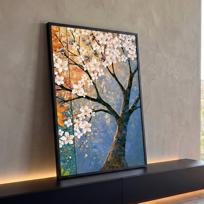 Quadro Decorativo Árvore de Flores Brancas com Fundo | quadros decorativos para sala | árvore com flores brancas e tronco em relevo sobre fundo dourado e azul | Porao dos Quadros