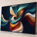 Quadro Decorativo Grande Fitas Abstratas para Sala Azul | quadros decorativos para sala | fitas abstratas entrelaçadas em azul, dourado e vermelho sobre fundo escuro | Porao dos Quadros