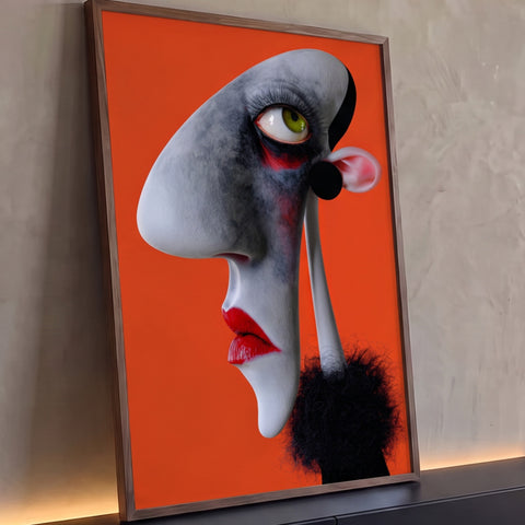 Rosto feminino surreal em perfil com olho verde, lábios vermelhos e fundo laranja, quadro decorativo