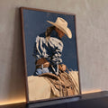 Quadro Decorativo Cowgirl de Chapéu com Cavalo Branco | quadros decorativos para sala | cowgirl de chapéu inclinada sobre cavalo branco ajustando as rédeas | Porao dos Quadros