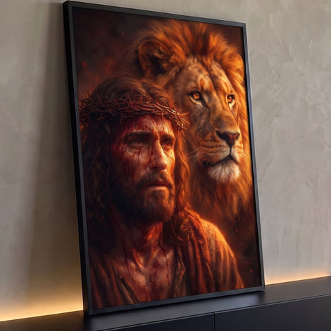 Jesus com coroa de espinhos e leão de juba dourada ao fundo em luz de fogo, quadro decorativo