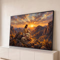 Jesus sentado na montanha fazendo carinho em um cordeiro ao pôr do sol, pintura a óleo, quadro decorativo