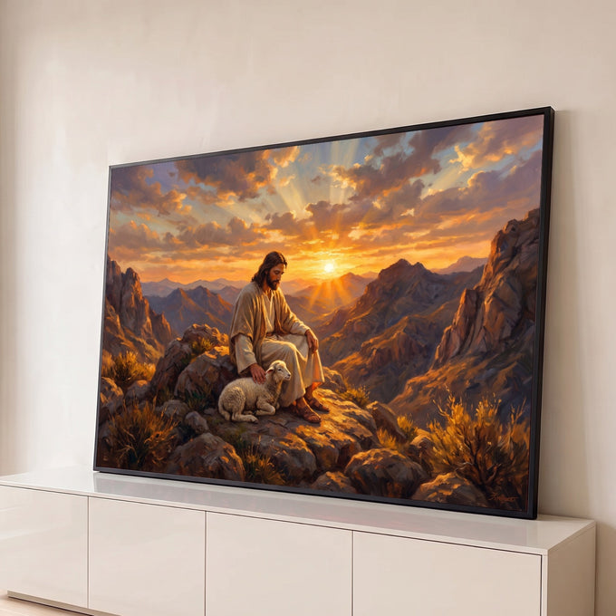 Jesus sentado na montanha fazendo carinho em um cordeiro ao pôr do sol, pintura a óleo, quadro decorativo