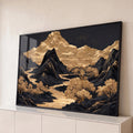 Quadro Decorativo Grande Montanhas Douradas para Sala Preto | quadros decorativos para sala | montanhas negras e douradas com rio dourado e céu estrelado escuro | Porao dos Quadros