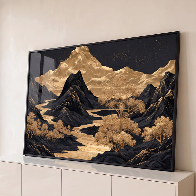 Quadro Decorativo Grande Montanhas Douradas para Sala Preto | quadros decorativos para sala | montanhas negras e douradas com rio dourado e céu estrelado escuro | Porao dos Quadros