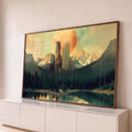 Quadro Decorativo Grande Cidade Futurista para Sala Laranja | quadros decorativos para sala | skyline futurista entre montanhas e lago com planeta laranja gigante ao fundo | Porao dos Quadros