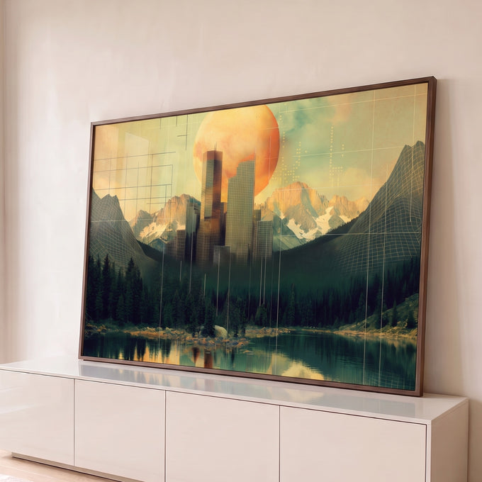 Quadro Decorativo Grande Cidade Futurista para Sala Laranja | quadros decorativos para sala | skyline futurista entre montanhas e lago com planeta laranja gigante ao fundo | Porao dos Quadros