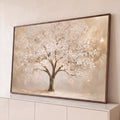 Quadro Decorativo Grande Árvore Florida para Sala Dourado | quadros decorativos para sala | árvore com flores brancas e miolos dourados sobre fundo bege com brilhos | Porao dos Quadros