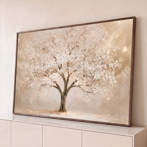 Pintura texturizada de árvore com flores brancas e brilhos dourados sobre fundo bege, quadro decorativo