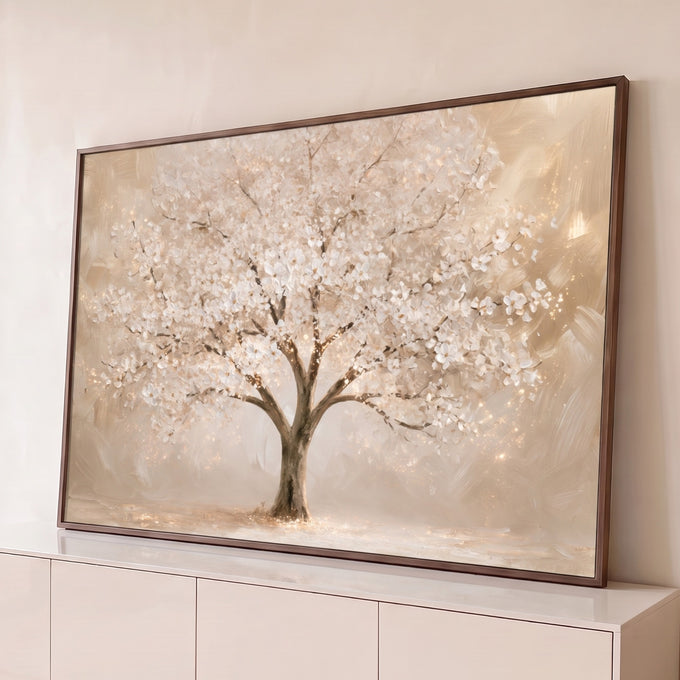 Quadro Decorativo Grande Árvore Florida para Sala Dourado | quadros decorativos para sala | árvore com flores brancas e miolos dourados sobre fundo bege com brilhos | Porao dos Quadros