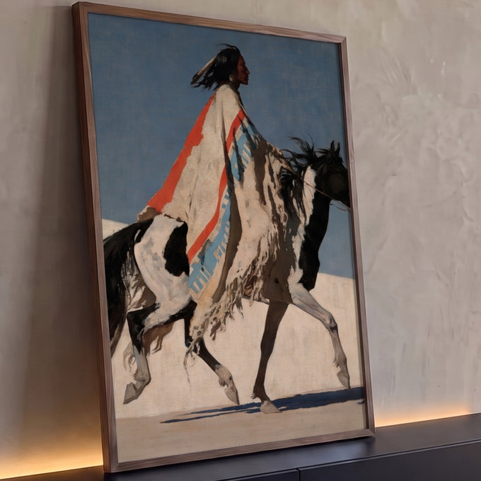 Quadro Decorativo Cavaleiro Indígena com Manto Listrado | quadros decorativos para sala | cavaleiro indígena com manto listrado montado em cavalo pintado preto e branco | Porao dos Quadros