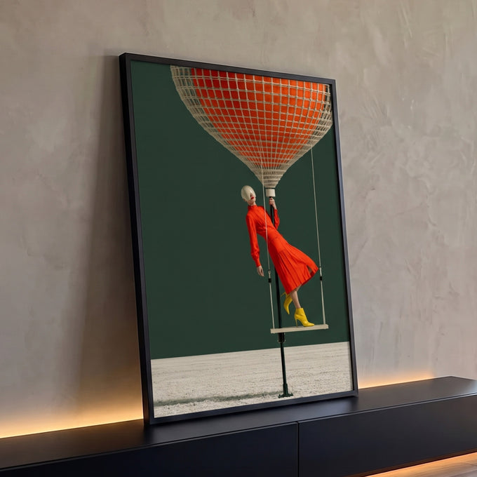 Mulher de vestido laranja e botas amarelas em balanço sob balão de rede, fundo verde, quadro decorativo