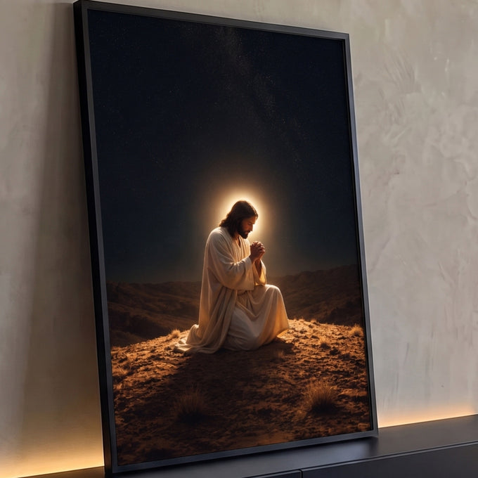 Quadro Decorativo Grande Jesus em Oração Preto para Sala | quadros decorativos para sala | homem ajoelhado em oração com halo dourado sob céu estrelado | Porao dos Quadros