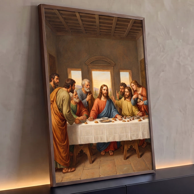 Quadro Decorativo Grande Santa Ceia Marrom para Sala | quadros decorativos para sala | Última Ceia com Jesus e apóstolos reunidos à mesa em tons terrosos e luz dourada | Porao dos Quadros