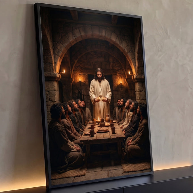 Quadro Decorativo Grande Última Ceia Marrom para Sala | quadros decorativos para sala | Jesus partindo o pão diante de doze apóstolos em sala de pedra iluminada por velas | Porao dos Quadros