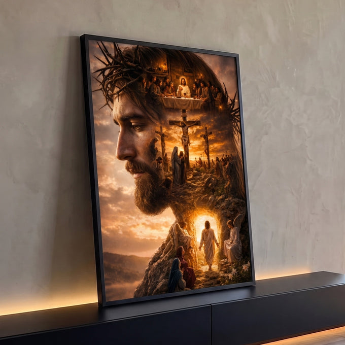 Quadro Decorativo Grande Jesus para Sala Laranja | quadros decorativos para sala | rosto de Jesus com coroa de espinhos fundido a cenas da Última Ceia e Crucificação | Porao dos Quadros