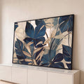 Folhas tropicais e monstera em azul marinho e bege com contornos dourados, quadro decorativo