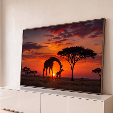 Girafa mãe e filhote em silhueta na savana com acácias ao pôr do sol laranja, quadro decorativo