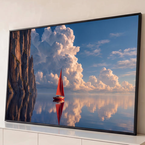 Veleiro de vela vermelha em mar espelhado, falésias e nuvens douradas no céu azul, quadro decorativo