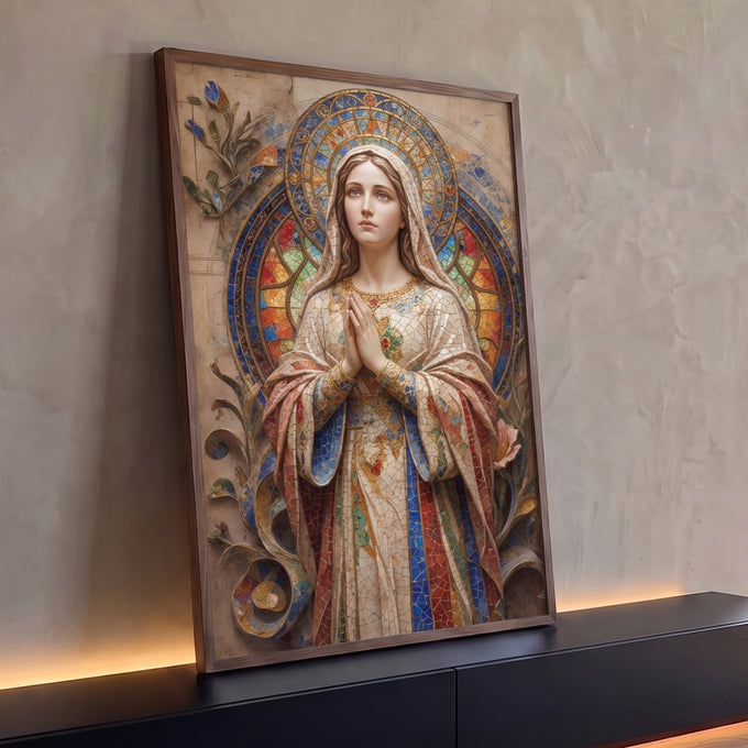 Quadro Decorativo Grande Nossa Senhora Dourado para Sala | quadros decorativos para sala | Nossa Senhora em prece com manto em mosaico dourado e halo de vitral colorido | Porao dos Quadros