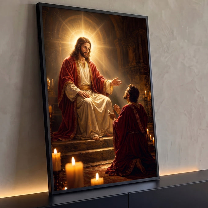 Quadro Decorativo Grande Jesus Cristo Auréola para Sala | quadros decorativos para sala | Jesus Cristo sentado com auréola dourada abençoando homem ajoelhado em oração | Porao dos Quadros