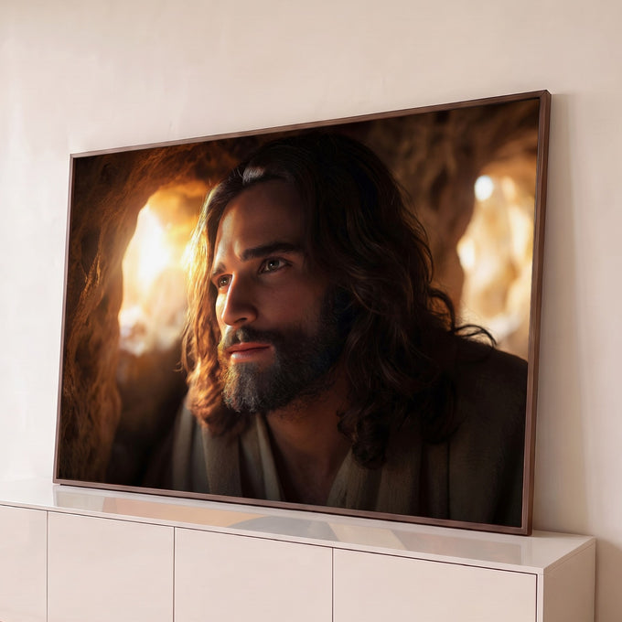 Quadro Decorativo Grande Homem com Manto para Sala Marrom | quadros decorativos para sala | homem de barba e cabelo longo iluminado por luz dourada em caverna de pedra | Porao dos Quadros