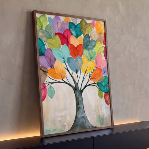 Árvore com tronco cinza e folhas em verde, rosa, laranja, azul e roxo sobre fundo bege, quadro decorativo