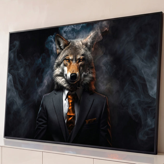 Quadro Decorativo Grande Lobo de Terno para Sala Preto | quadros decorativos para sala | cabeça de lobo realista em corpo humano de terno preto com fumaça ao redor | Porao dos Quadros