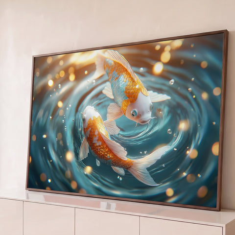 Dois peixes koi laranja e brancos nadando em espiral na água azul com bolhas e luzes, quadro decorativo