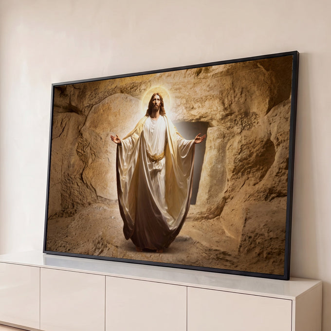 Quadro Decorativo Grande Jesus Cristo Tumba para Sala Bege | quadros decorativos para sala | Jesus Cristo de braços abertos saindo da tumba com auréola dourada | Porao dos Quadros