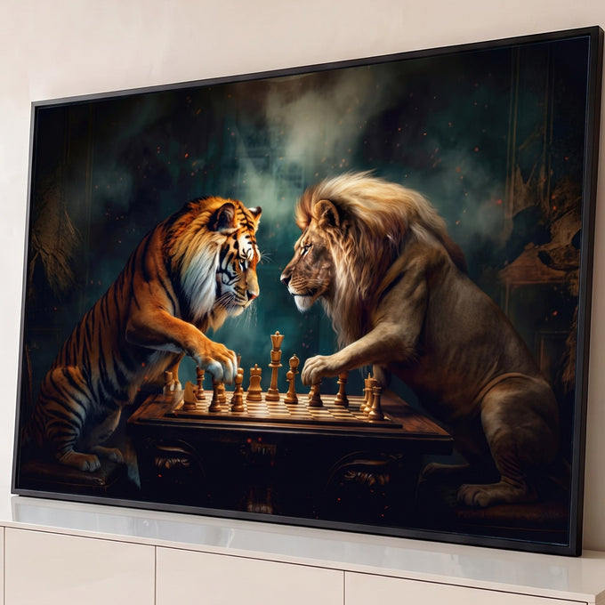 Quadro Decorativo Grande Tigre e Leão para Sala Laranja | quadros decorativos para sala | tigre e leão em pé jogando xadrez num tabuleiro iluminado sobre fundo escuro enevoado | Porao dos Quadros