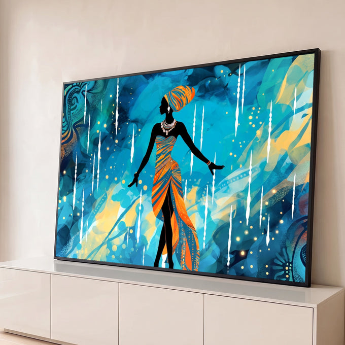 Quadro Decorativo Grande Silhueta Feminina para Sala Azul | quadros decorativos para sala | silhueta de mulher africana com turbante e vestido estampado sobre fundo azul e dourado | Porao dos Quadros