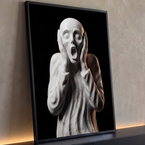 Quadro Decorativo Grande Grito Escultura para Sala Branco | quadros decorativos para sala | escultura de mármore branco com figura gritando e mãos no rosto sobre fundo preto | Porao dos Quadros
