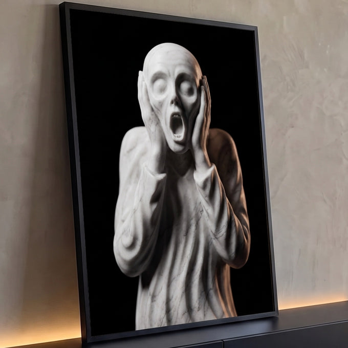 Quadro Decorativo Grande Grito Escultura para Sala Branco | quadros decorativos para sala | escultura de mármore branco com figura gritando e mãos no rosto sobre fundo preto | Porao dos Quadros