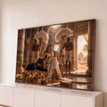 Cleópatra no trono dourado com pantera negra, leques de plumas, colunas com hieróglifos e pirâmides, quadro decorativo
